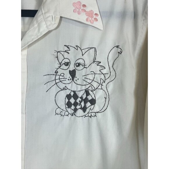 Handmade Retro Cat Embroidery Shirt Button Up 16.5 Cream Glam Classic Chic 80s - Picture 4 of 16